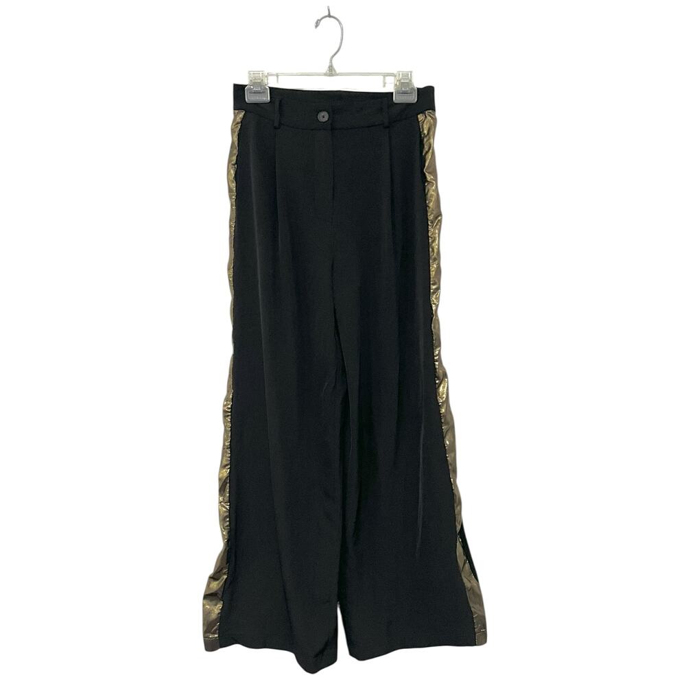 Pietronilla Black Gold Tuxedo Stripe Dress Pants Wide Leg Pleated Front Sz Small